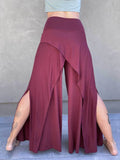 caraucci high waisted maroon wide leg high side slit pants #color_wine