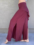 caraucci high waisted maroon wide leg high side slit pants #color_wine