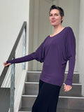 caraucci women's plant-based lightweight loose fit dolman long sleeve rayon jersey purple top with thumbholes #color_plum