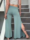 caraucci women's light green wide-leg flow pants with side slits #color_moss