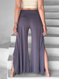 caraucci stretch jersey steel gray wide-leg side slit full-length flow pants #color_steel