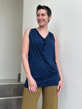 caraucci women's plant-based lightweight rayon jersey navy blue sleeveless tunic with drape front #color_navy