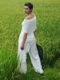 caraucci women's off white full length tunic with adjustable side ruching and a loose cowl neck that can be worn as a hood or over the shoulders #color_off-white