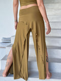 women's stretch rayon jersey wide leg side slit elastic waistband pants #color_brass