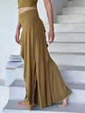caraucci high waisted green gold wide leg high side slit pants #color_brass