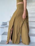 caraucci high waisted green gold wide leg high side slit pants #color_brass