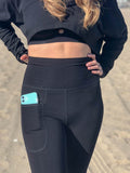 caraucci women's bamboo spandex full length black pocket leggings with a fold over waistband #color_black