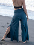 caraucci high waisted teal blue wide leg high side slit pants #color_teal