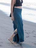 caraucci high waisted teal blue wide leg high side slit pants #color_teal