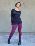 women's plant based rayon jersey long sleeve black top with slight cowl neck and side ruching #color_black