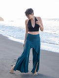 caraucci high waisted teal blue wide leg high side slit pants #color_teal