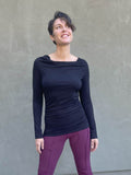 women's plant based rayon jersey long sleeve black top with slight cowl neck and side ruching #color_black