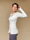 women's plant based rayon jersey long sleeve cream top with slight cowl neck and side ruching #color_cream