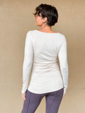 women's plant based rayon jersey long sleeve cream top with slight cowl neck and side ruching #color_cream