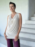 caraucci women's plant-based lightweight rayon jersey cream sleeveless tunic with drape front #color_cream