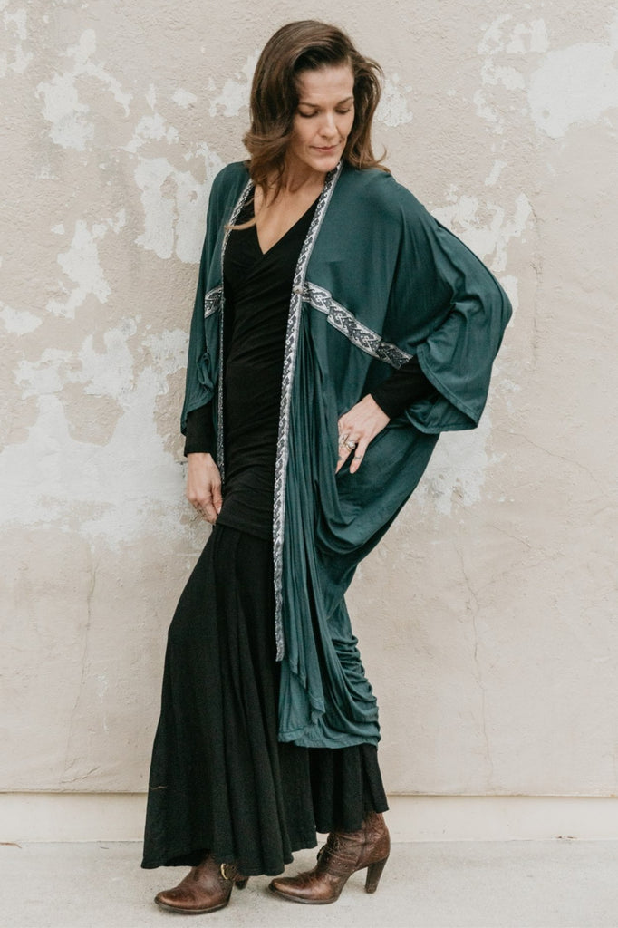 Long Cocoon Coat - Teal w/Trim