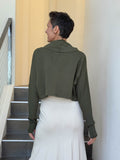 caraucci bamboo cotton fleece forest green cropped cowl neck long sleeve shrug with thumbholes #color_forest