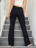 caraucci women's black textured bamboo boot cut pants #color_black