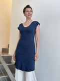 caraucci women's textured cap sleeve navy stretchy rayon jersey dress or tunic #color_navy