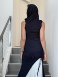 caraucci women's black full length tunic with adjustable side ruching and a loose cowl neck that can be worn as a hood or over the shoulders #color_black
