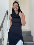 caraucci women's black full length tunic with adjustable side ruching and a loose cowl neck that can be worn as a hood or over the shoulders #color_black