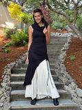 caraucci women's black full length tunic with adjustable side ruching and a loose cowl neck that can be worn as a hood or over the shoulders #color_black