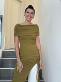 caraucci women's brass full length tunic with adjustable side ruching and a loose cowl neck that can be worn as a hood or over the shoulders #color_brass