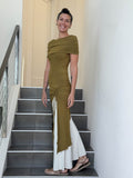 caraucci women's brass full length tunic with adjustable side ruching and a loose cowl neck that can be worn as a hood or over the shoulders #color_brass