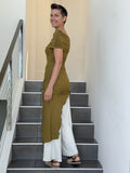 caraucci women's brass full length tunic with adjustable side ruching and a loose cowl neck that can be worn as a hood or over the shoulders #color_brass
