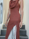 caraucci women's burnt orange full length tunic with adjustable side ruching and a loose cowl neck that can be worn as a hood or over the shoulders #color_copper