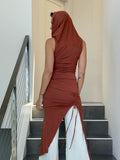 caraucci women's burnt orange full length tunic with adjustable side ruching and a loose cowl neck that can be worn as a hood or over the shoulders #color_copper
