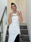 caraucci women's cream full length tunic with adjustable side ruching and a loose cowl neck that can be worn as a hood or over the shoulders #color_cream