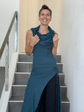 caraucci women's teal blue full length tunic with adjustable side ruching and a loose cowl neck that can be worn as a hood or over the shoulders #color_teal