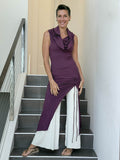 caraucci women's purple full length tunic with adjustable side ruching and a loose cowl neck that can be worn as a hood or over the shoulders #color_jam