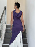 caraucci women's purple full length tunic with adjustable side ruching and a loose cowl neck that can be worn as a hood or over the shoulders #color_plum