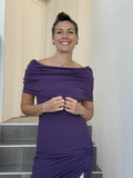 caraucci women's purple full length tunic with adjustable side ruching and a loose cowl neck that can be worn as a hood or over the shoulders #color_plum