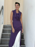caraucci women's purple full length tunic with adjustable side ruching and a loose cowl neck that can be worn as a hood or over the shoulders #color_plum