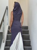 caraucci women's steel grey full length tunic with adjustable side ruching and a loose cowl neck that can be worn as a hood or over the shoulders #color_steel