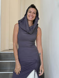caraucci women's steel grey full length tunic with adjustable side ruching and a loose cowl neck that can be worn as a hood or over the shoulders #color_steel
