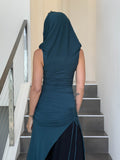 caraucci women's teal blue full length tunic with adjustable side ruching and a loose cowl neck that can be worn as a hood or over the shoulders #color_teal