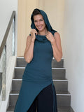 caraucci women's teal blue full length tunic with adjustable side ruching and a loose cowl neck that can be worn as a hood or over the shoulders #color_teal