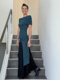 caraucci women's teal blue full length tunic with adjustable side ruching and a loose cowl neck that can be worn as a hood or over the shoulders #color_teal