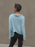 women's natural lightweight rayon jersey cowl neck sky blue loose fit top with thumbholes #color_canal-blue