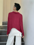 caraucci lightweight rayon jersey long sleeve cowl neck scarlet red loose fit top #color_scarlet