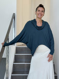 women's natural lightweight rayon jersey teal blue cowl neck loose fit top with thumbholes #color_teal