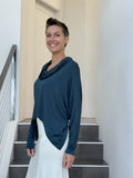 women's natural lightweight rayon jersey teal blue cowl neck loose fit top with thumbholes #color_teal