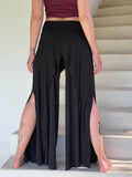 women's natural stretch rayon jersey wide leg side slit elastic waistband pants #color_black