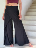 women's natural stretch rayon jersey wide leg side slit elastic waistband pants #color_black