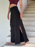women's natural stretch rayon jersey wide leg side slit elastic waistband pants #color_black