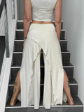 caraucci high waisted cream wide-leg high side slit pants #color_cream